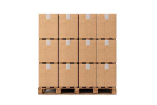 Pallet with Brown Boxes Stacked, Isolated, Transparent, Cutout