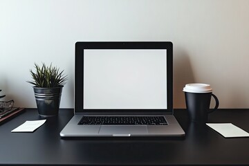 Fototapeta premium Modern workspace, laptop, coffee, plant