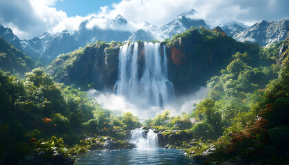 Fototapeta premium Majestic waterfall cascading down rocky cliffs, surrounded by lush greenery and snow-capped mountains under a vibrant sky