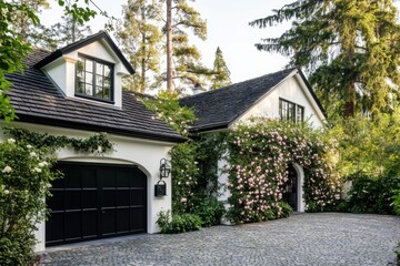 Charming white house surrounded by lush greenery and blooming roses on a sunny afternoon in a peaceful residential neighborhood