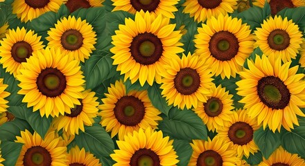 Fototapeta premium A summer-themed floral pattern with bright sunflowers and lush greenery, Ai Generated