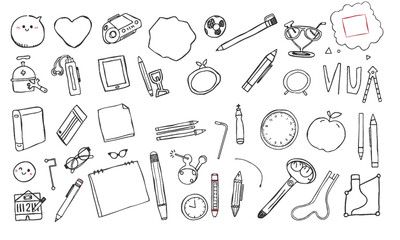 Doodles and illustrations of various school supplies, including pens, pencils, notebooks, and other stationery items, create playful and creative atmosphere perfect for back to school themes