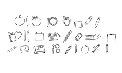School supplies, apple, notebook, pencil, pen, paper, clipboard, marker, eraser, education, stationery, drawing, creativity, learning, classroom, back to school, study, writing, organization