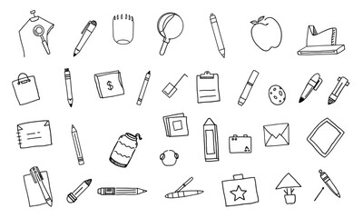 collection of school supplies and stationery items including pens, pencils, notebooks, and apple, creating vibrant and educational atmosphere