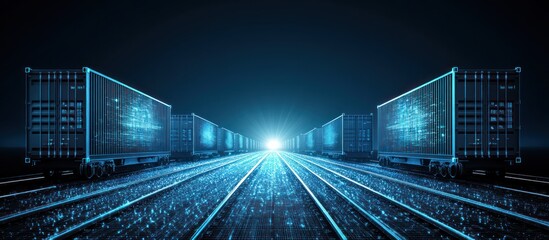 Digitally enhanced train cars are traveling on railway tracks towards a light