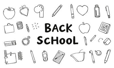 Back to school theme with various school supplies and icons, including apples, pencils, and notebooks, creating fun and educational atmosphere