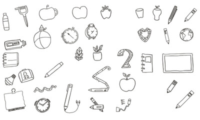 School supplies, stationery, and educational items are illustrated in playful doodle style, capturing essence of learning and creativity in classroom setting