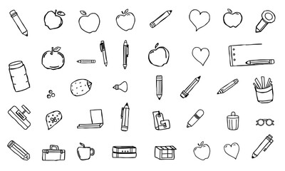 collection of hand drawn school supplies and items including apples, pencils, pens, and notebooks, evoking creative and educational atmosphere