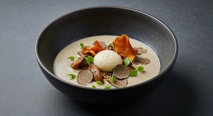 Truffle Mushroom Velouté in dark bowl for gourmet food blogs, luxury restaurant menus, fine dining photography, and upscale cookbook design