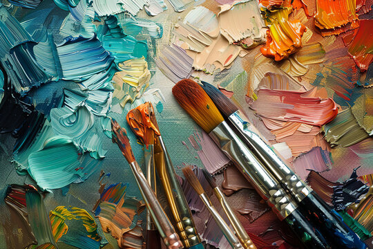 Paintbrush on colorful paint strokes representing art creation and artistic expression concept: paintbrush, colorful paint strokes, art creation, artistic expression,