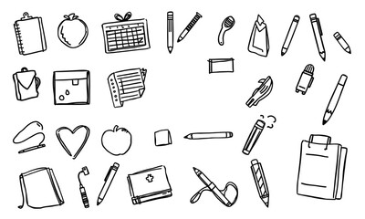 School supplies, stationery, notebooks, pens, pencils, paper clips, markers, erasers, creative tools, organization items, and more are illustrated fun and engaging style, perfect for back to