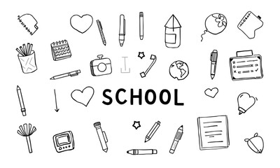 School supplies, stationery, education, learning, creativity, classroom, back to school, doodles, fun, organization, and inspiration are all represented this vibrant illustration. playful design