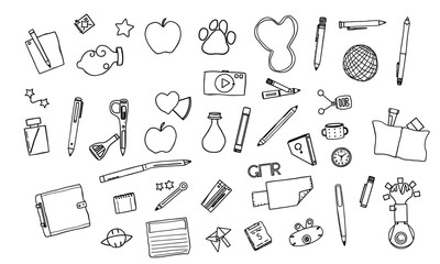 Naklejka premium Doodles of school supplies, including pens, notebooks, apples, and various stationery items, create playful and creative atmosphere perfect for back to school themes