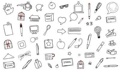 collection of school related doodles including pens, notebooks, clock, and various stationery items, evoking sense of creativity and learning