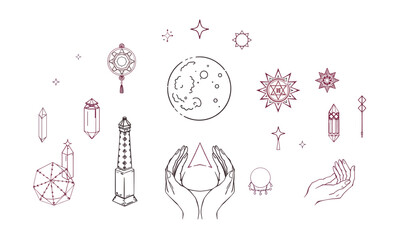 Mystical symbols and crystals surround pair of hands, evoking sense of magic and spirituality. celestial elements and geometric shapes enhance enchanting atmosphere