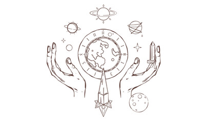 Intricate illustration of hands holding globe surrounded by celestial elements like planets and stars, evoking sense of mysticism and wonder in universe