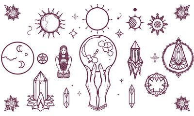 Mystical symbols and elements create enchanting atmosphere, featuring celestial bodies, crystals, and skull design. This artwork evokes sense of wonder and spirituality