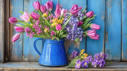 Spring tulips bouquet rustic blue pitcher wood background