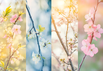 Four-Panel Cherry Blossom Display with Soft Pastel Backgrounds