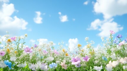 Fototapeta premium Vibrant meadow under a clear blue sky. A profusion of colorful flowers in a lush green field against a backdrop of a bright blue sky dotted with fluffy white clouds