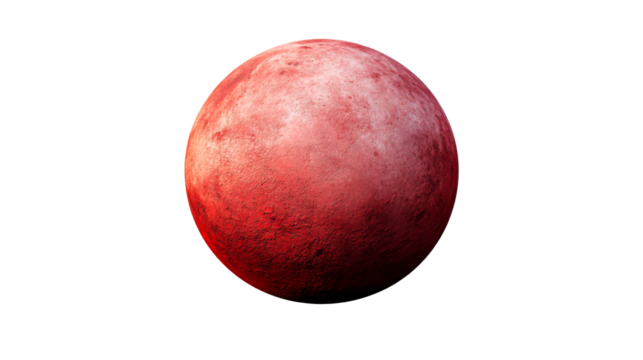 Round reddish rocky planet floating in space, cut out transparent