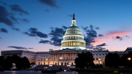 Majestic US Capitol building, twilight sky, illuminated dome