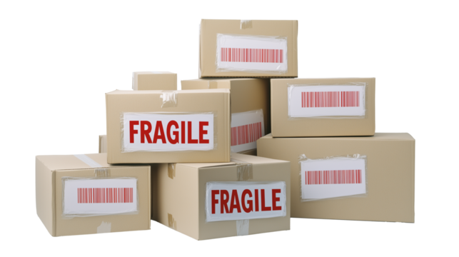 Stack of Moving Boxes Labeled "FRAGILE" Stickers, Fully Isolated, Generated AI

