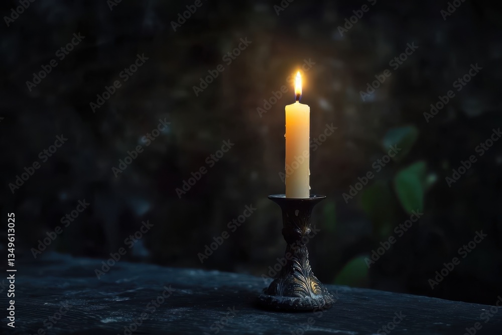Poster soft glow from a single candle in a dark setting, creating a serene and peaceful atmosphere, ideal f