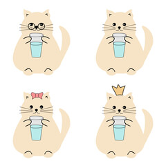 Fototapeta premium Cute fat funny nice cat with a glass of water on white isolated vector illustration 