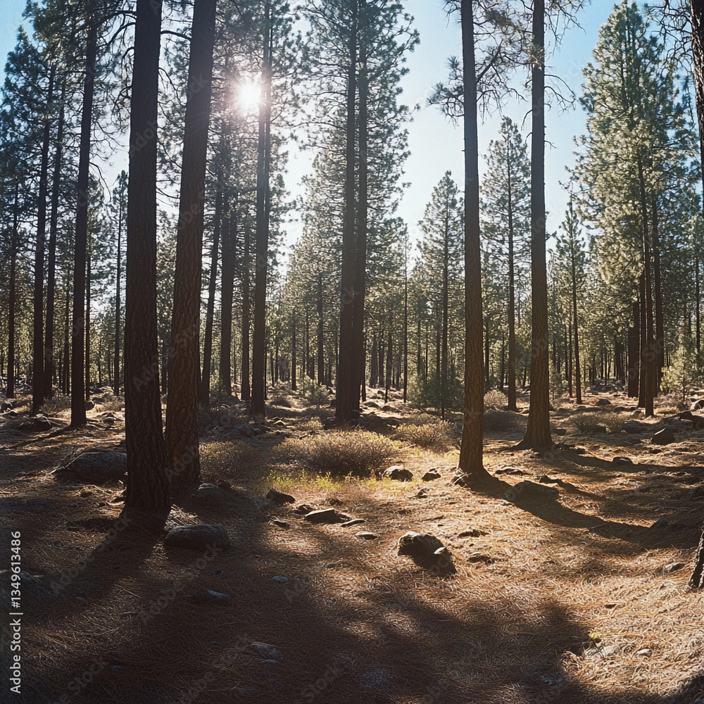 Poster sunlight shining through tall trees in a forest with rocks and pine needles on the ground