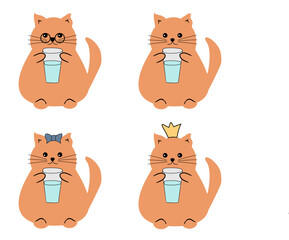 Cute fat funny nice cat with a glass of water on white isolated vector illustration 