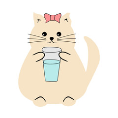 Cute fat funny nice cat with a glass of water on white isolated vector illustration 