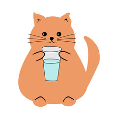 Cute fat funny nice cat with a glass of water on white isolated vector illustration 