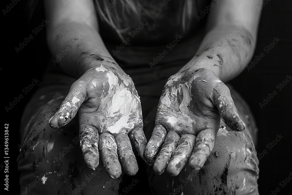 Poster hands covered in paint showcase artistic expression and creativity during a painting session in a st