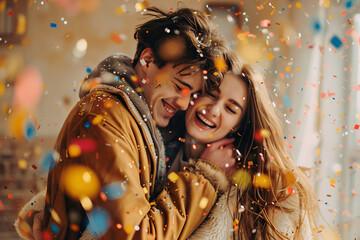 Couple dancing in confetti celebrating romantic love and special occasion happiness, concept: couple, love, celebration,  happy