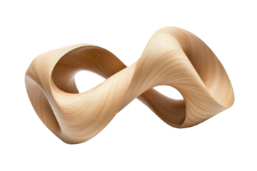 A wooden mobius strip sculpture on Isolated on white transparent background beautifully illuminated soft