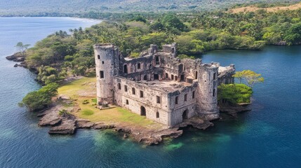Fototapeta premium Island castle ruins, aerial view, tropical coast, turquoise water, history