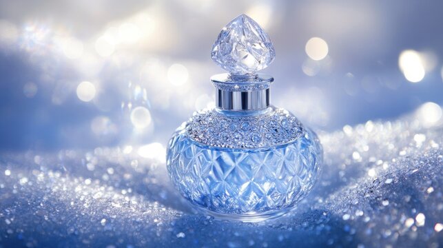Blue crystal perfume bottle on sparkling snow-like surface