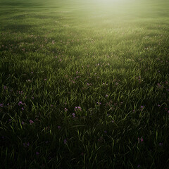 Obraz premium Serene field of wildflowers at dawn, misty sunrise background, nature wallpaper