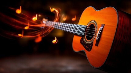 Naklejka premium Acoustic Guitar Flowing Notes and Dynamic Musicality in Dark Ambiance