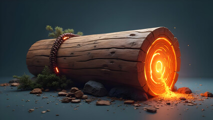 Futuristic cyberpunk wood log icon with neon tech elements on white