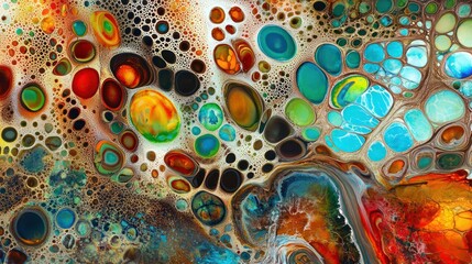 Abstract colorful fluid acrylic pour painting, vibrant bubbles, textured background, design art