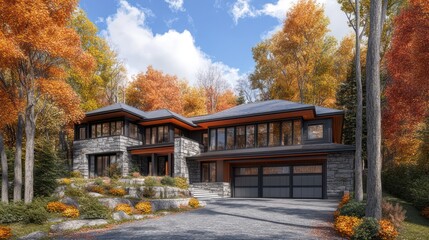 Autumn forest luxury home architectural rendering