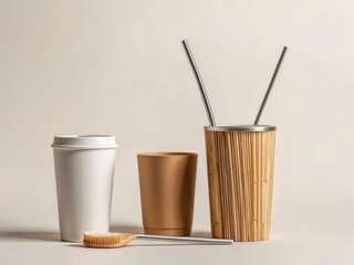 Minimalist eco-friendly reusable cups, straws, and bamboo toothbrush.