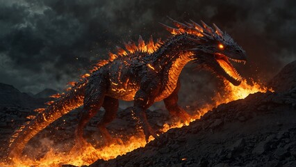 A phoenix-dragon hybrid, covered in molten lava scales, emerging from a volcanic eruption.