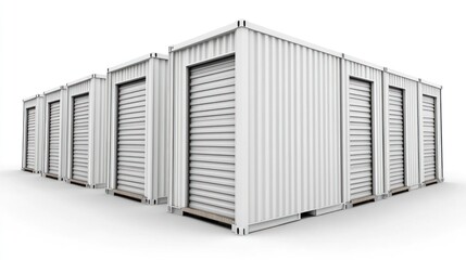 A series of white storage containers with closed shutter doors