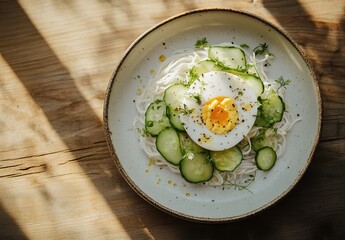 Fresh and Healthy Salad with Boiled Egg, Cucumber Slices, and Herb Garnish on Rustic Wooden Table Background