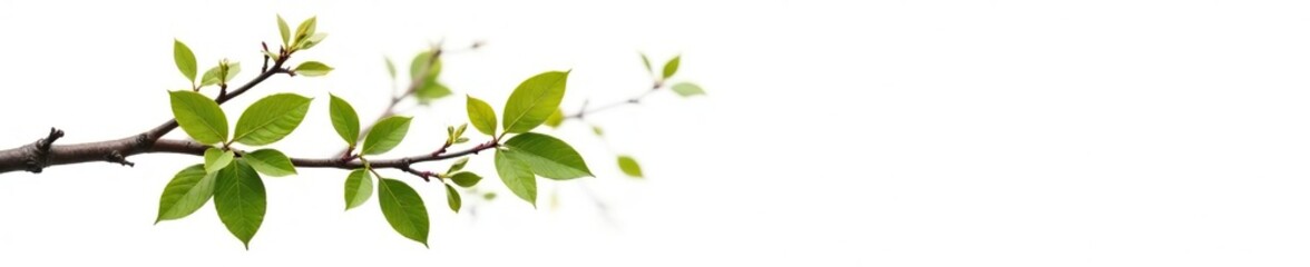 Fototapeta premium Branch with leaves and twigs on white background, foliage, twig, forest scenery