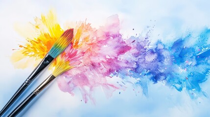 Fototapeta premium Vibrant Watercolor Paint Splashes And Paintbrushes On White
