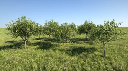 Orchard trees sunny field, rural landscape, agriculture, 3D render